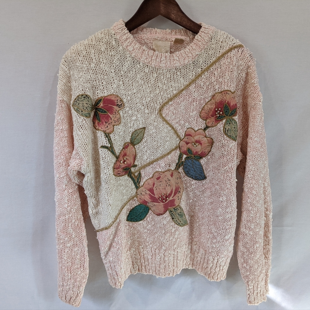 Vintage Needles and Yarn Knit Pink Floral Embroidered Sweater Size Medium